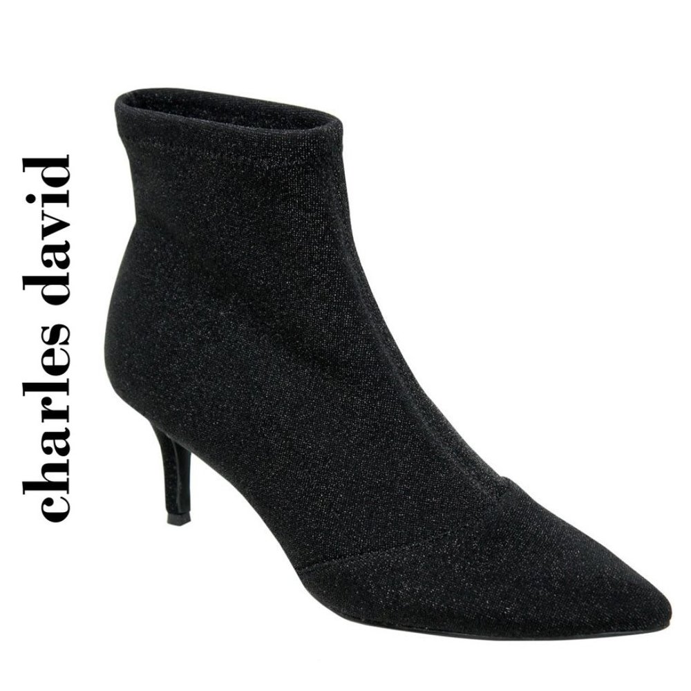 CHARLES BY CHARLES DAVID AMSTEL 2 Black Glitter Sock Ankle Booties